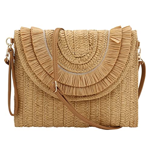 Gets Straw Clutch Purse for Women, Woven Beach Bag Summer Corssbody Purse Small Rattan Shoulder Bag for Travel | Hand-woven - color: Raffia Fringed Khaki