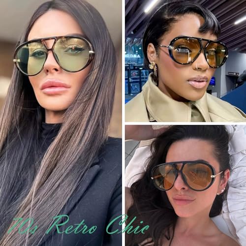 GRFISIA Retro Oversized Aviator Sunglasses for Women Men Metal 70s Aviators 2026 Fashion Shades for Beach Vacation UV400 - color: (2pcs) Black/Brown+tortoise/Green