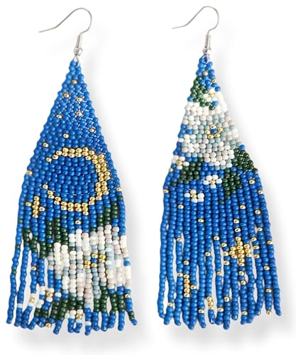 Long Beaded Earrings for Women, Statement Tassel Dangling Earrings, Native American Jewelry Boho Country Colorful Flower Moon Bead Gifts - style: Lunar Cascade