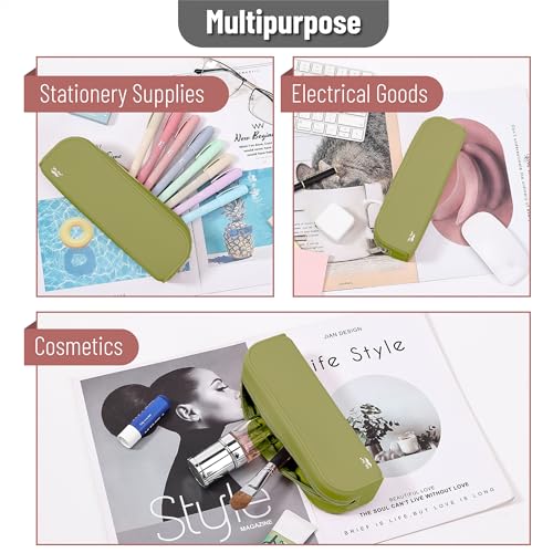 Mr. Pen- Silicone Pencil Case, Aesthetic Pencil Bag for Women, Makeup Pouch | Multifunctional Pouch for Stationery, Cosmetics and Electrical Goods Storage - color: Olive Green