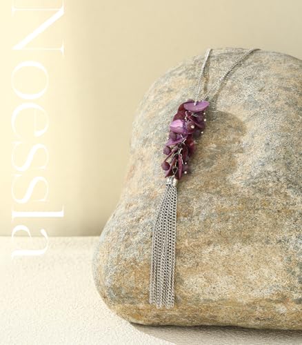 Noessla Boho Long Pendant Necklaces for Women Silver Tassel Long Necklace Sweater Chain Mothers Day Gifts Silver Costume Jewelry for Women - color: 81-Purple