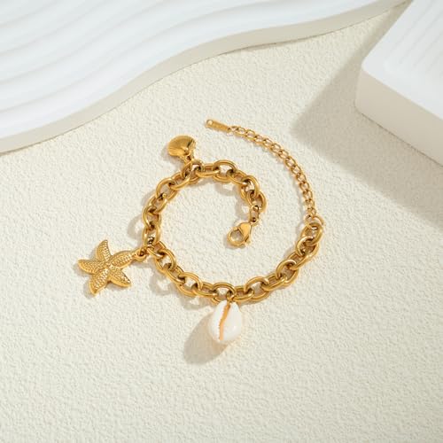 Gold Charm Bracelet for Women Boho Adjustable Shell Starfish Bracelet Summer Beach Ocean Statement Bracelets - color: Shell starfish bracelet