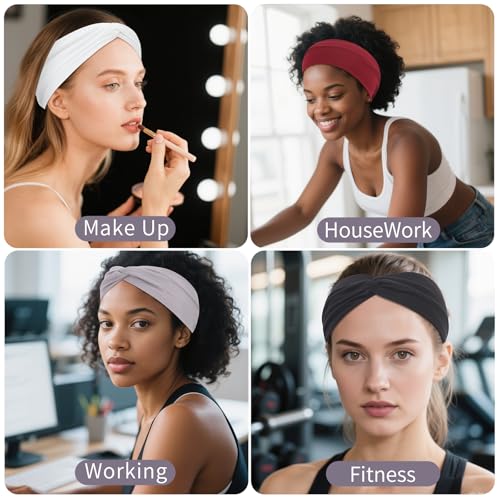 12 Pcs Stretchy Headbands for Women, Absorbed Sport Headband Soft Twist Knotted Hairbands for Daily Life Yoga Workout(Black/Grey/White/Red) - color: Black/Grey/White/Red