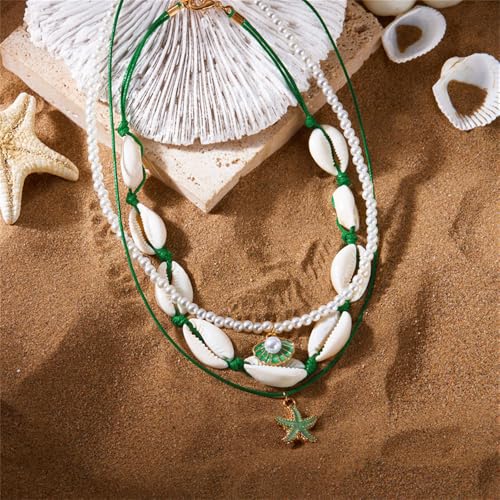 Shell Beach Choker Necklace Set for Women Boho Layered Beaded Adjustable Starfish Conch Shell Nacklace Imitaion Pearl Rice Beads Necklace Summer Ocean Vacation Jewelry - color: Green