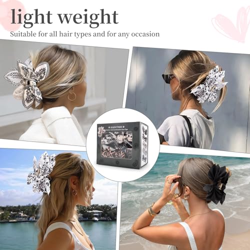 Bow Claw Hair Clips 3PCS Big Hair Bows for Women Butterfly Styling Large Hair Clips for Thin Thick Curly Hair for Girls Hair Accessories for Teen Gifts for Valentine's Day - color: 3PC-Black+White Floral+White Paisley