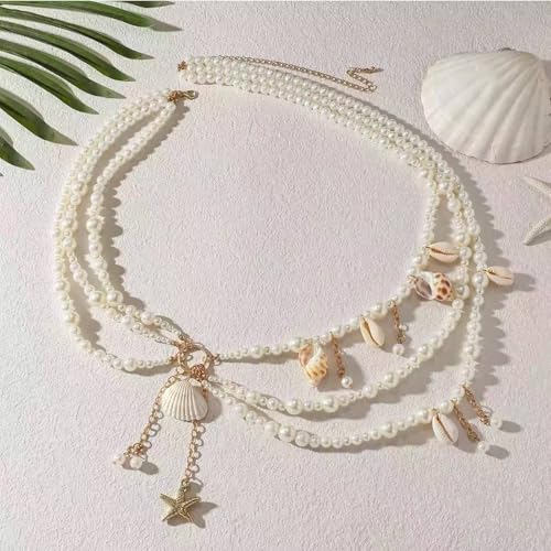 Starfish Shell Waist Chain for Women Adjustable Layered Pearl Body Chain Seashell Conch Waterproof Belt Chains Summer Bikini Beach Mermaid Accessories - color: Starfish-A