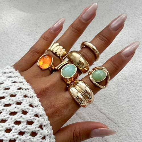 Chunky Gold Rings for Women Non Tarnish Silver Chunky Rings Set Adjustable Thick Statement Ring Gold Stackable Ring for Women Trendy Fashion Silver Jewelry - style: Style8-Blue Gemstone 7Pcs