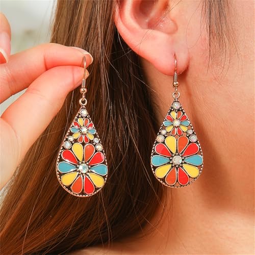 coadipress Bohemian Flower Teardrop Earrings for Women Trendy Vintage Colorful Hollow Out Flower Floral Dangle Earrings Bohemian Handmade Ethnic Statement Jewelry - color: Yellow Red