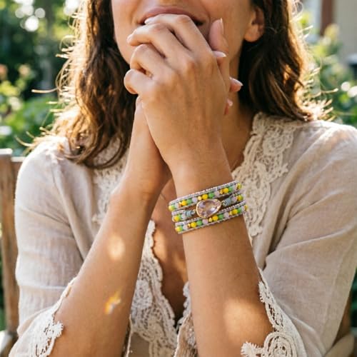 YGLINE Natural Stone Beaded Healing Wax String 5 Wraps Bracelets - color: pink