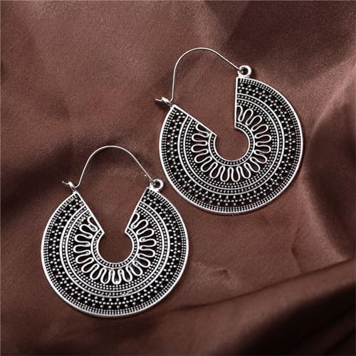 Boho Antique Carved Flower Dangle Drop Earrings for Women Vintage Retro Handmade Hollowed Antiqued Bronze Floral Shaped Geometric Gold Silver Plated Hoop Earrings for Ethnic Style Jewelry Gifts - color: Silver round earrings