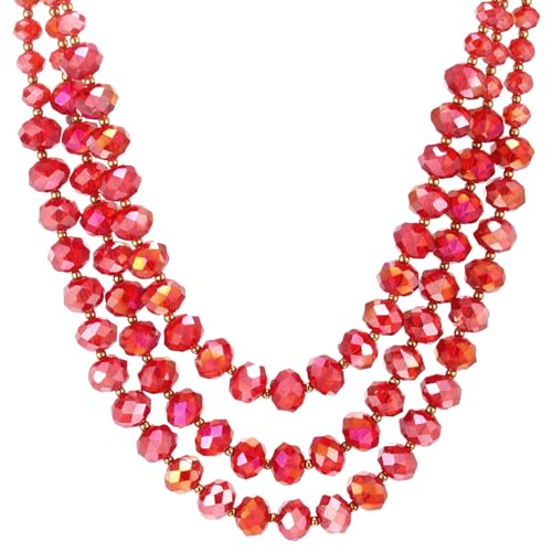 COOLSTEELANDBEYOND Crystal Beads Statement Necklace, Three-strand Layered Necklace, Waterfall - color: B-Color: Red & Gold