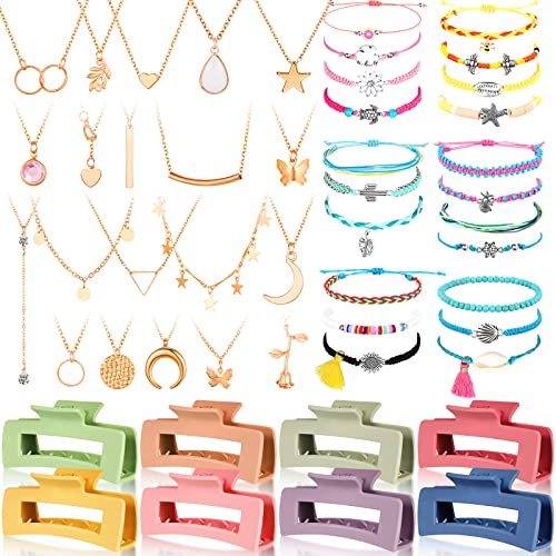 49 Pcs Boho Jewelry Set for Women, Surfer Wave Friendship Bracelets Layered Necklace Hair Clip, Summer Beach Gift - style: Sweet
