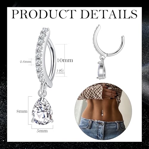 FIBO STEEL 14G Clicker Belly Rings 316L Surgical Steel Dangle Belly Button Ring CZ Teardrop Pendant Navel Rings Barbell Body Piercing Jewelry - color: Clear