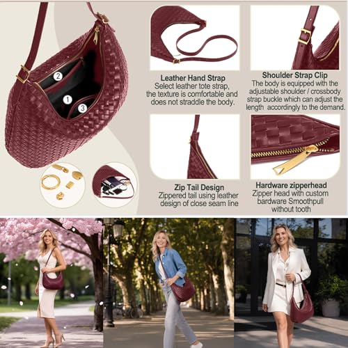 Shoulder Bag Handbag for Women Crossbody Tote Bags Woven Purse Clutch Women's Medium Underarm Hobo With Pocket Large - color: Burgundy