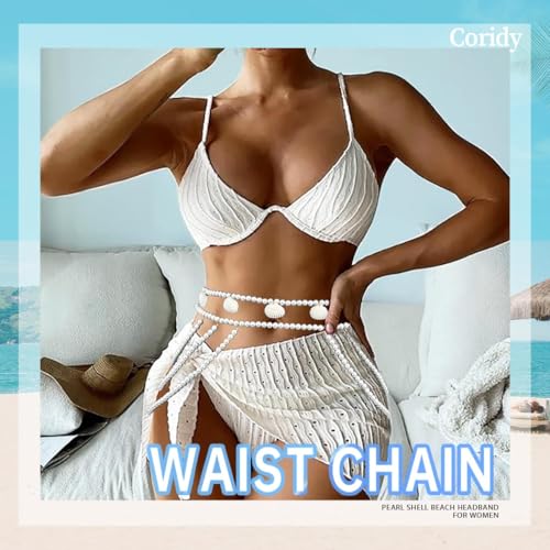 Pearl Waist Chain for Women Shell Body Chain Double Adjustable Belly Chain White Beaded Waist Belt