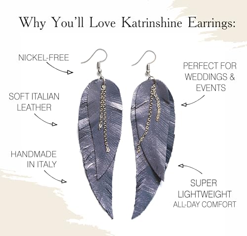 Black shiny Leather Feather Earrings for Women, Lightweight Minimal Boho Dangle Earrings, Small Simple Everyday Jewelry - color: dark grey metallic