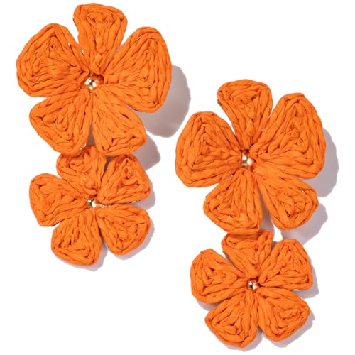 Boho Flower Earrings Statement Raffia Dangle Earrings Cute Floral Jewelry Trendy Summer Beach Vacation Outfits for Women - color: Orange