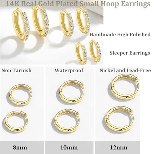 Cocadant 6 Pairs 925 Sterling Silver Small Hoop Earrings for Women,14k Real Gold Hypoallergenic Tiny Cubic Zirconia Cartilage Huggie Earring Sets for Multiple Piercing Trendy Jewelry 8/10/12mm - color: 6Pairs Gold,8mm 10mm 12mm