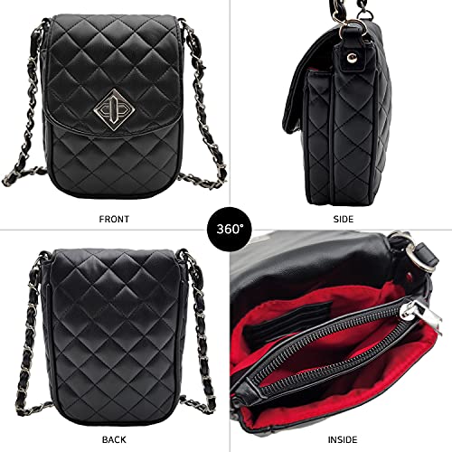 Phone Crossbody Bags for Women Small Vegan Leather Mini Shoulder Wallet Card Quilted Purse - color: B - Black & Silver