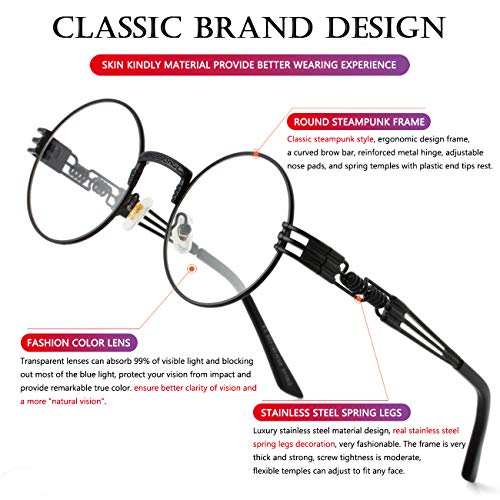 AIEYEZO Round Steampunk Sunglasses for Men Women Retro Circle Hippie Glasses Metal Frame 100% UV Blocking Lens - color: Black/Transparent