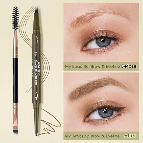 UCANBE Eyebrow Pencils for Women with Spoolie Brush, Dual-Ended Eyebrow Pen with 4-Fork-Tip & Gel Eyeliner, Microblading Brow Pen with Eyeliner Pencil + Brow Brush for Hair Like Brows, Light Brown - color: Light Brown with Brow Brush