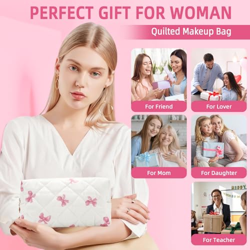 Small Makeup Bag Quilted Cosmetic Bag Floral Travel Toiletry Bags for Women Cute Pencil Case Quilted Makeup Pouch Aesthetic Coquette Cosmetic Pouch Cotton Make Up Bags Cute Zipper Pouches White - color: Ae-pink bow