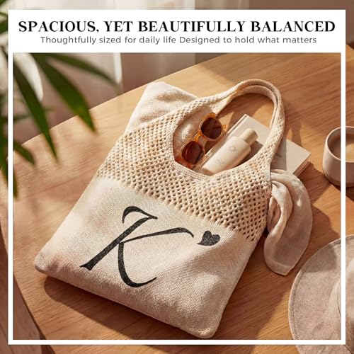 Shinylin Personalized Crochet Tote Bag for Beach Women Beige Mesh Knit Shoulder Bag Boho Aesthetic Tote for Women - style: Letter K