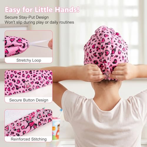 Basumee Microfiber Hair Towel Wrap for Kids 2 Pack Rapid Drying Hair Towel with Button Hair Turbans for Wet Hair Wraps Head Towel Wrap for Women and Girls - color: Pink Purple Leopard