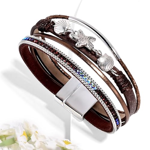 VIBILIA Boho Leather Wrap Bracelets for Women Multi-Layer Bracelets with Strong Clasp Jewelry for Women - color: 04-ShellStarfish-Coffee