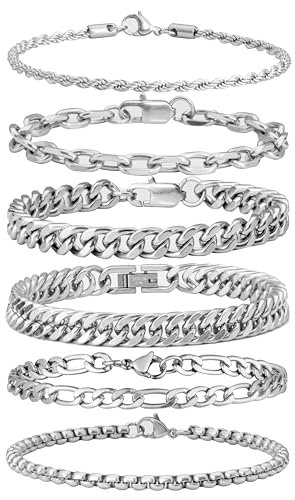 XIANNVXI 6pcs Bracelets for Men Gifts for Him Stainless Steel Bracelet Silver/Gold/Black Cuban Link Rope Paperclip Chain Bracelets Set 6.5/7/7.5/8.3/9 Inches Metal Bracelet Mens Fashion Accessories Jewelry Gifts Set - color: Silver, size: 9 in-Men Large