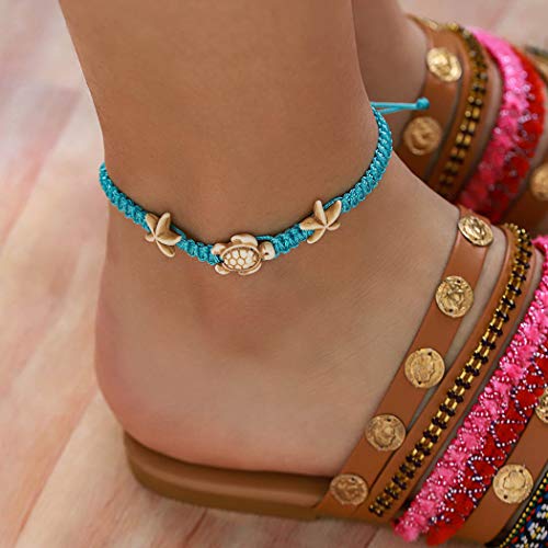Yokawe Boho Turtle Anklets Bracelets Blue Starfish Summer Beach Waterproof Barefoot Sandals Jewelry for Women
