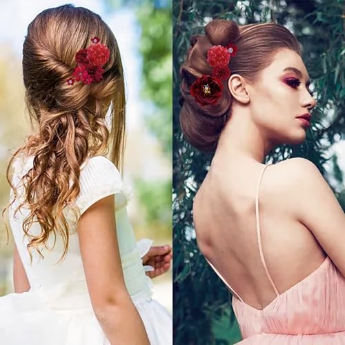 21 PCS Hair Flowers Boho Hair Barrettes Accessories Hawaiian Silk Flower Clips Girls Red Floral Bride Headpiece Festival(Red) - color: red, size: 1 Count (Pack of 21)