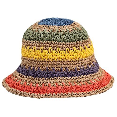 Women Straw Sun Hat Floral Woven Crochet Bucket Hat Y2k Aesthetic Accessories Beach Hat Hand Woven Boho Foldable Cap - color: Striped D