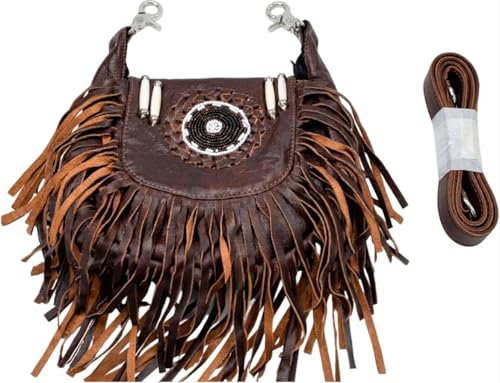 Women’s Genuine Leather Crossbody Belt Bag with Fur Fringe, Braided Bead Handcrafted Design, Clip-On Hip Fanny Pack with Jeans Loop, (J2400LB, Brown) - color: J2400LB-Brown