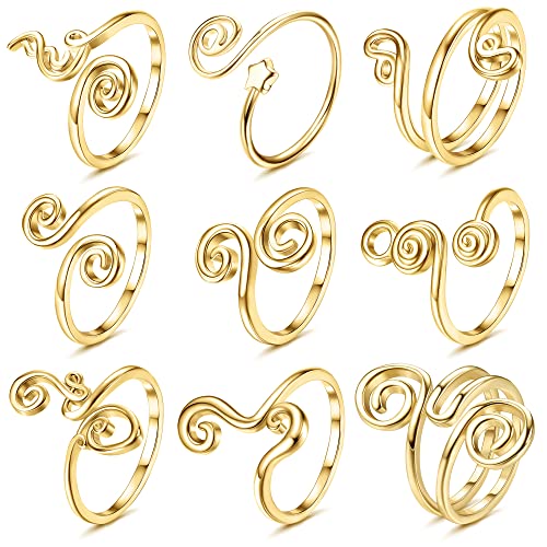 FIBO STEEL 9 Pcs Adjustable Toe Rings for Women Open African Toe Rings Summer Beach Foot Jewelry - color: Gold-tone