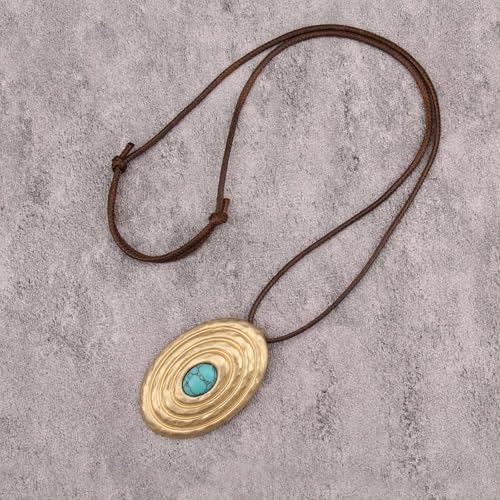 GelConnie Leather Necklace for Women Round Wooden Pendant Long Leather Choker Vintage Sweater Necklace Gold Chunky Boho Necklaces for Women - style: Gold Boho Pendant Necklace