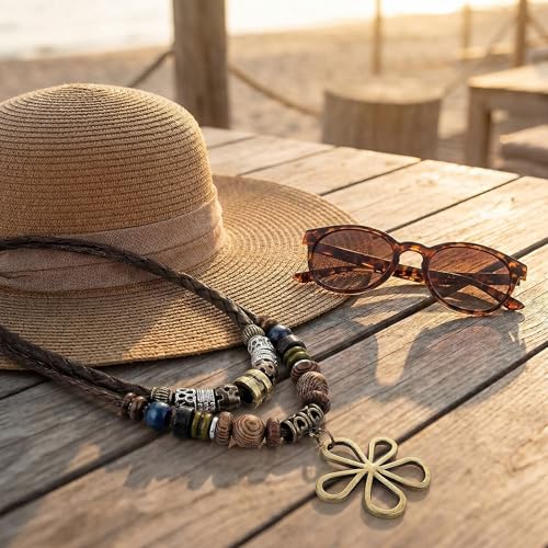 Boho Necklace for Women,Vintage Butterfly Pendant Necklaces,Adjustable Wooden Beads Layered Braided Choker,Fashion Tribal Style Leather Rope Necklace Jewelry,Chunky Statement Gift for Women - color: Brown3