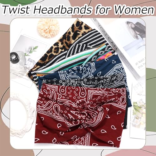 6 Pack Boho Headbands for Women Wide Twist Knotted Head Wraps Turban Stretchy Leopard Hair Bands Elastic Non-Slip Workout Head Wraps Accessories (Multicolor-5) - color: Multicolor-5