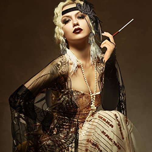 Zhanmai 5 Pcs 1920s Flapper Accessories for Women Roaring 20s Headpiece Shawl Necklace Earring Gloves - color: Black Gold, style: Retro