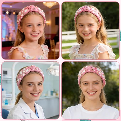 PANTIDE Dentist Jeweled Knotted Headband - Dental Hygienist Assistant Gift Teeth Rhinestone Embellished Headband Non Slip Wide Top Knot Hairband Hair Accessories Birthday Gift for Women Girls (Pink) - color: Pink Dentist