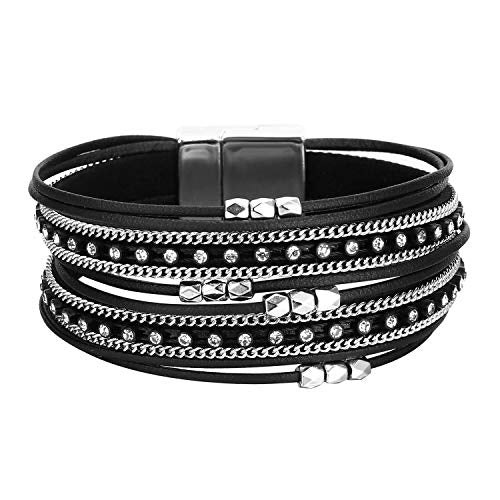 Fesciory Leather Wrap Bracelets for Women, Boho Leopard Multi-Layer Crystal Beads Cuff Bracelet Jewelry - color: B28:Short Black