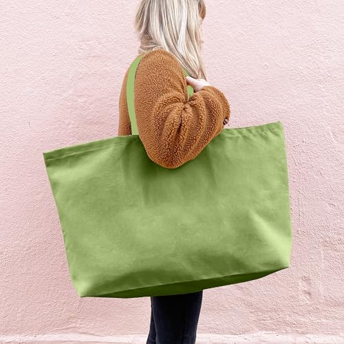 Large Canvas Tote Bag-Extra Big Shopping Beach Totes Bags Reusable Largest Grocery Plain Solid Bag 28"x8"x16" - color: Light Green