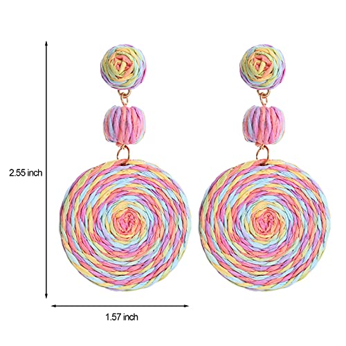 Boho Raffia Ball Earrings for Women, Handmade Statement Drop Earrings Straw Dangle Earrings Beach Vacation Jewelry - color: Colorful