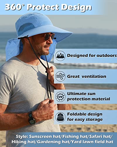 Tirrinia Wide Brim Sun Hat with Neck Flap for Men & Women, Breathable Hiking Fishing Safari Hat, Outdoor UV Protection Cap - color: #Blue