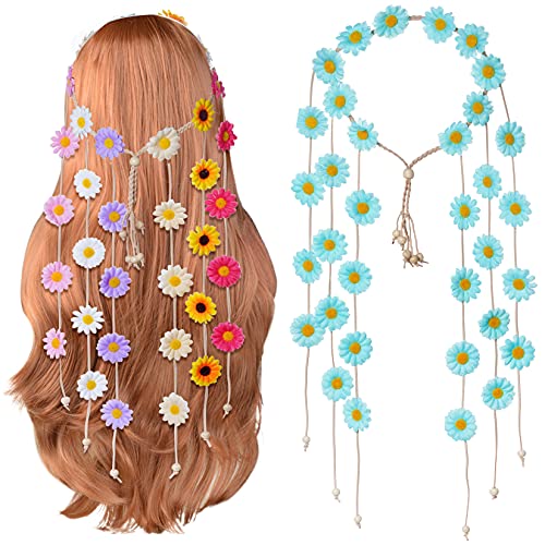 Sucrain 2pcs Flower Hippie Headband Floral Crown Summer Sunflower Hair Accessories for 70 s Bohemian Costumes Style for Women(Light Green+Colorful) - color: Green+Colorful