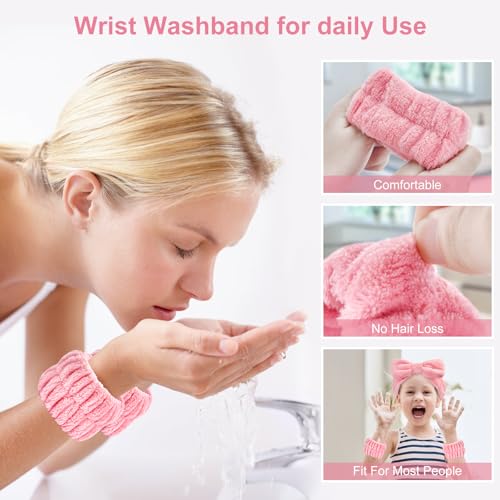 Dorbetar 6Pack Headband and Wristband Set for Washing Face, Spa Skincare Makeup Headband, Soft Puffy Hair Band Bow Tie, for Women and Teen Girl Trendy Stuff Gifts - color: light gray+Bean Pink
