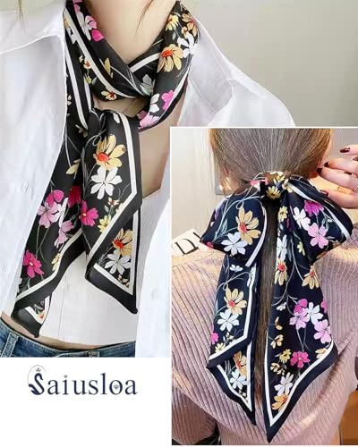 Purse Scarf For Handbags Head Scarves For Women's Hair Bags Scarfs Long Skinny Scarves Fashion Silky - color: A1-black Flower