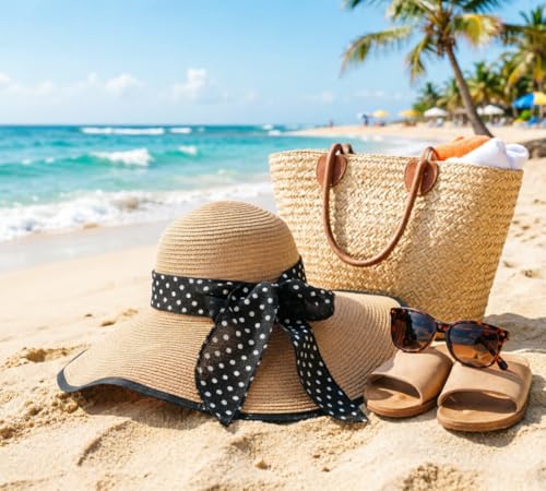 DRESHOW Beach Hats for Women Big Straw Wide Brim Summer Hat Floppy Foldable Roll up Cap Sun Hat UPF 50+ - color: 1 Pc：black Edge Khaki+white Dot Hat, 4.7" Brim