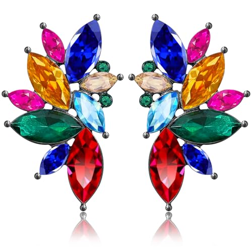 Bohemian Statement Sparkly Colourful Fancy Rhinestone Crystal Flower Dangle Drop Stud Earrings Vintage Wedding Bridal Prom Earrings for Women - color: Colorful