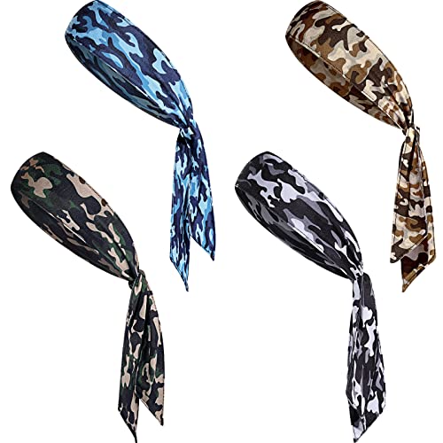Jutom 4 Pieces Tie Headbands for Men Women Sports Bandana Hair Band Camo Headbands Elastic Sweat Wicking Karate Adjustable Non Slip Hairband for Yoga Workout Running - color: Cool Color